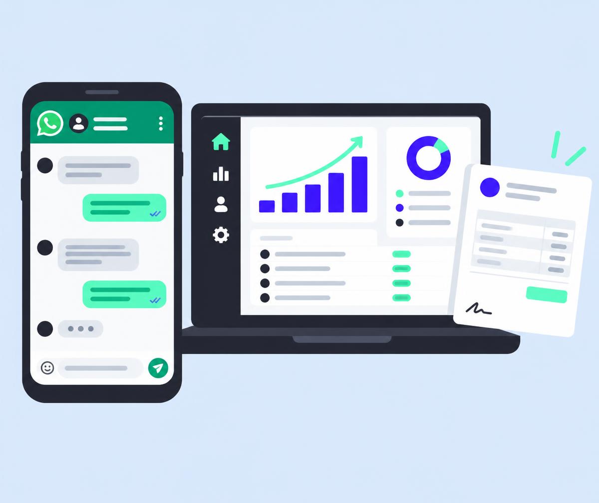 Phone showing a WhatsApp business chat next to a laptop with a sales dashboard and an invoice